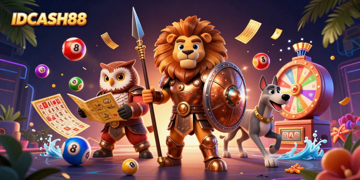 Engage with IDCASH88’s vibrant lottery scene featuring a Spartan lion and playful elements for gamblers.