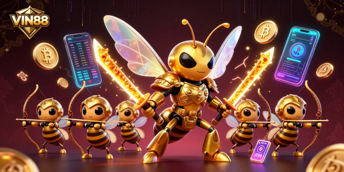 Explore the vibrant energy of VIN88 through a rich 3D illustration featuring a hornet in samurai armor and crypto elements.