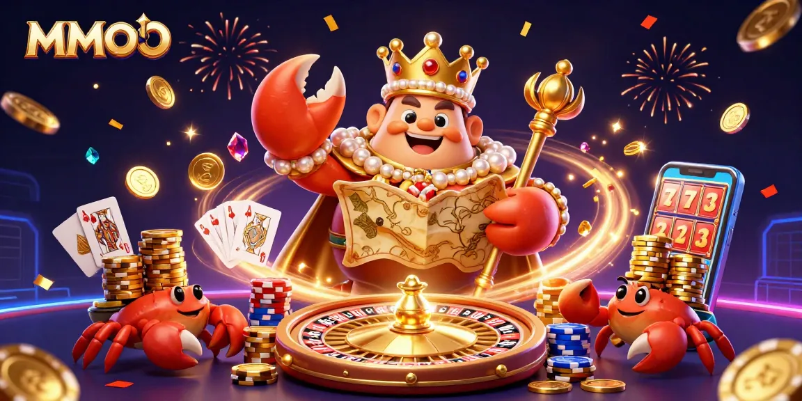 Join the MMOO casino experience with a golden crab emperor surrounded by festive gaming elements.