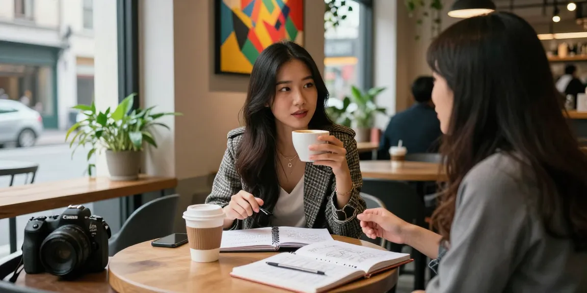 Gái gọi đang trò chuyện cùng bạn trong quán cà phê hiện đại.