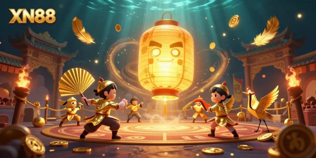 Experience thrilling gambling dynamics at XN88 with golden lantern spirit, fan warriors, and festive symbols.