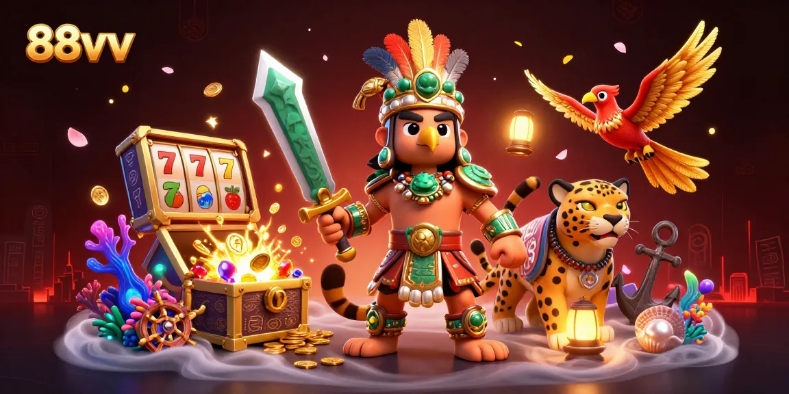 Experience the action with 88vv's vibrant slots scene featuring Aztec warriors and treasures.