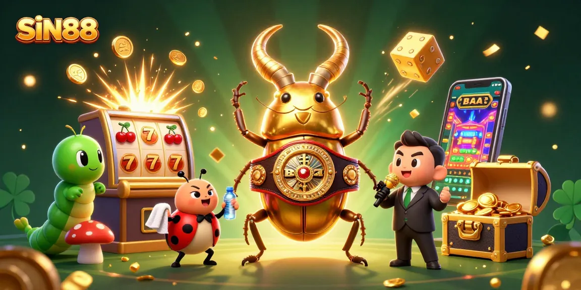 SIN88 gaming illustration featuring a giant stag beetle in a boxing belt amidst a jackpot explosion.