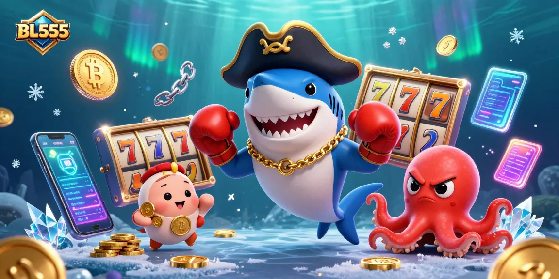 Engage with exciting games at BL555, featuring a vibrant underwater scene with characters interacting with casino elements.