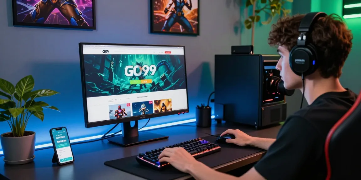 Exciting GO99 đăng nhập scene with a person engaged in online gaming at a vibrant gaming desk setup.
