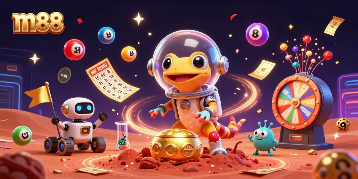 m88 Martian gecko explores a golden casino with lottery elements in a vibrant, dynamic scene