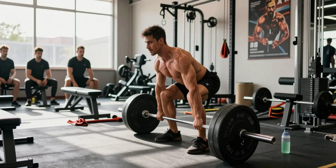 Bodybuilder hebt Gewichte im Steroidshop Fitnessstudio und zeigt Stärke und Entschlossenheit.