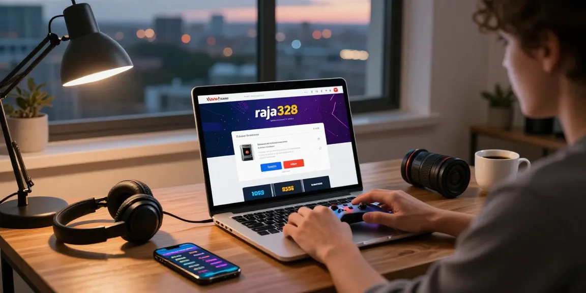 A person engaging with the raja328 link in a cozy home office setting, illustrating online gaming excitement.