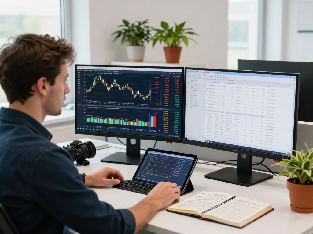Trader at a dual-monitor setup for CFD trading platform in India focusing on market analytics and live trades.