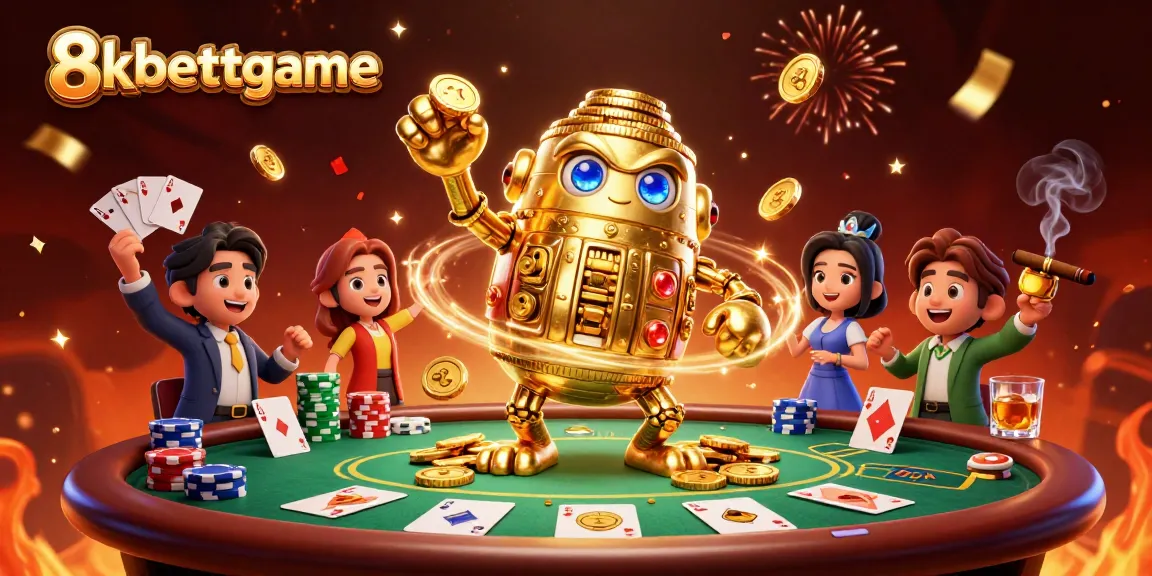 Join the thrilling action at 8xbettgame with an exciting poker scene featuring a golden golem and poker elements.