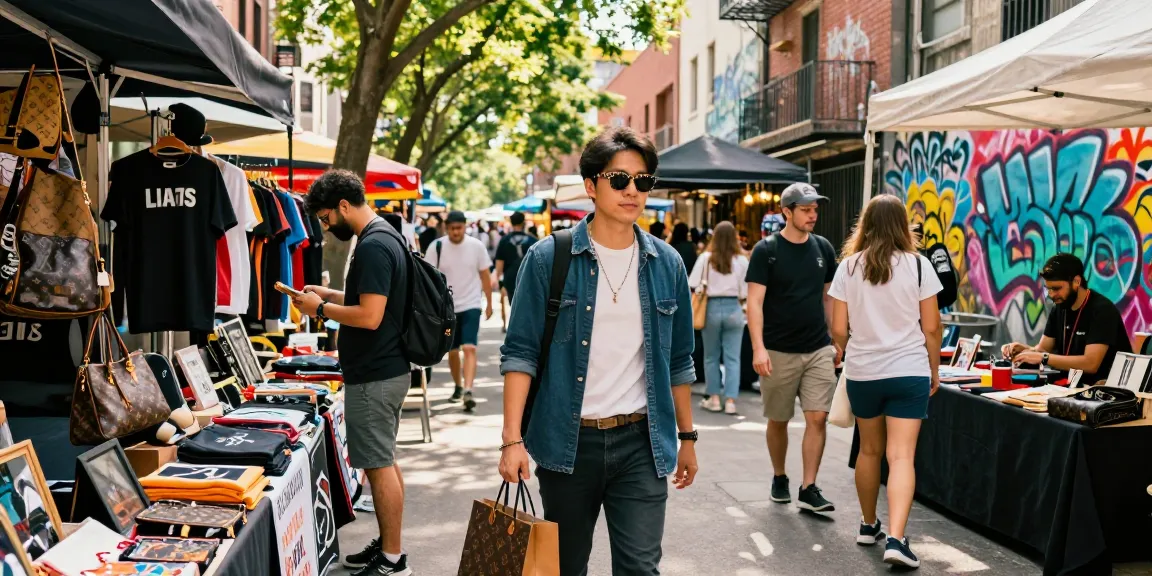 Stylish shopper exploring a vibrant 레플리카 쇼핑몰 in a bustling urban marketplace.