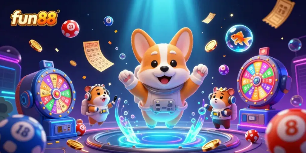 Experience exciting fun88 gaming action as a corgi astronaut floats amid colorful casino elements.