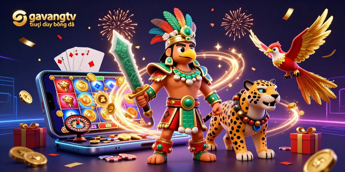Experience dynamic gameplay at gavangtv trực tiếp bóng đá, featuring an Aztec eagle warrior and immersive gambling elements.