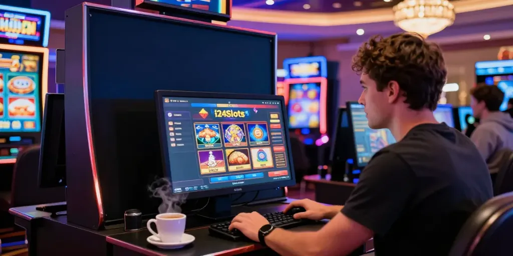 Engaged player experiencing excitement at i24Slots Casino, vibrant slot machine graphics, laptop and coffee, lively atmosphere.