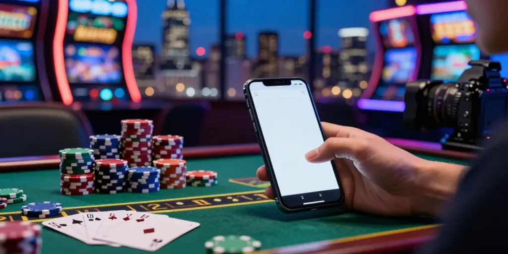 Player enjoying a bonus sans depot casino on a smartphone amid neon-lit casino ambiance.