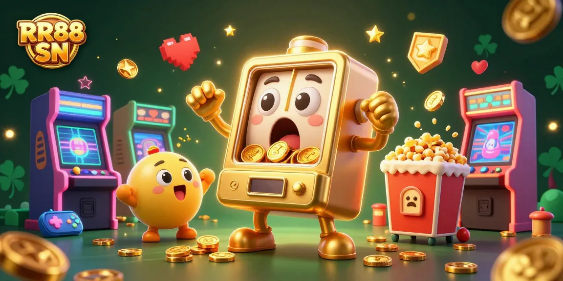 Experience the thrill of RR88 SN as a golden slot machine hits a jackpot surrounded by colorful arcade elements.