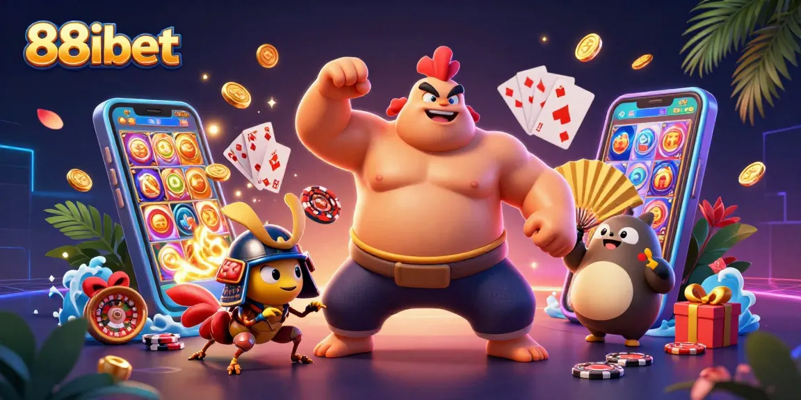 Experience vibrant 88ibet casino action with sumo wrestlers and gaming elements in an animated scene.