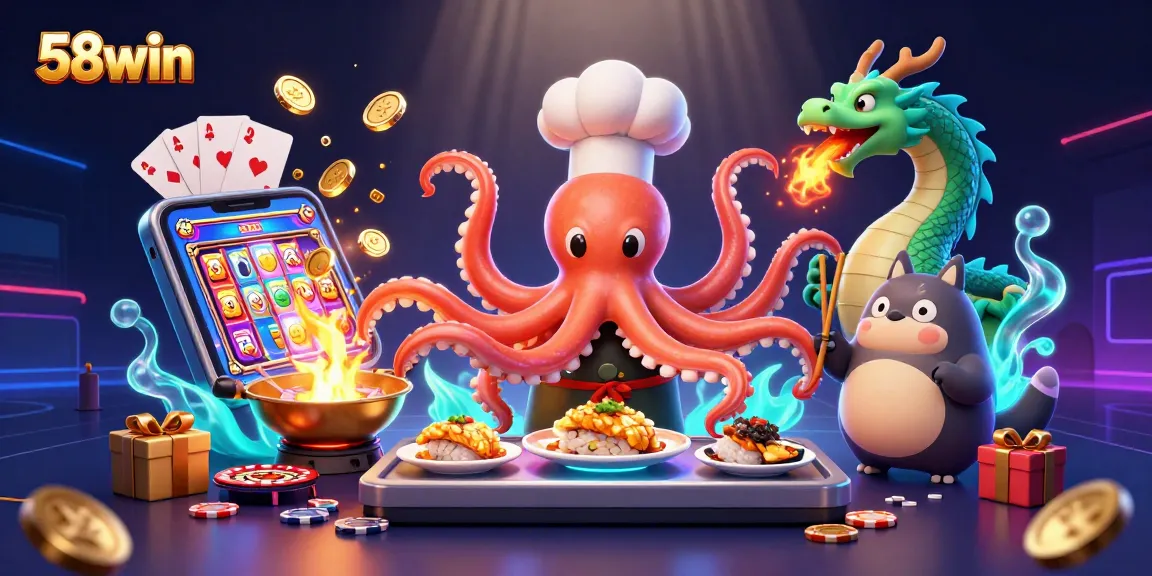 Engaging scene showcasing 58win with a sushi chef octopus, dragon, and tanuki amidst vibrant gambling elements.