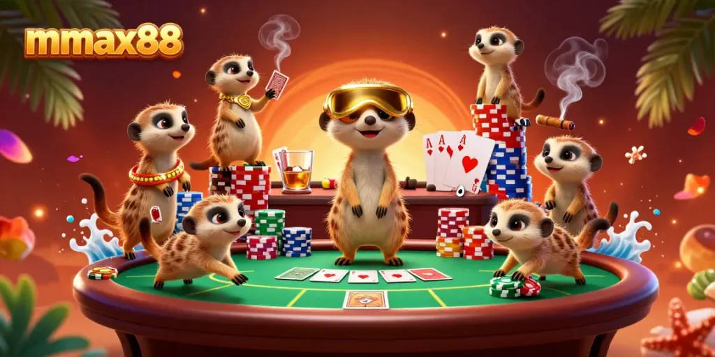 Meerkats engage in a lively casino scene featuring mmax88 with poker tables and vibrant chip towers.