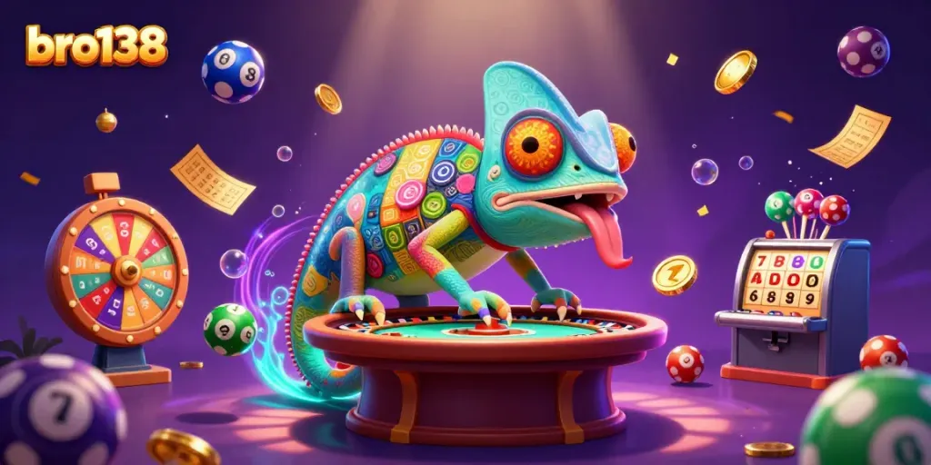 Engage in exciting gameplay at bro138 with a vibrant scene showcasing a lively chameleon casino owner amidst thrilling lottery and gaming elements.