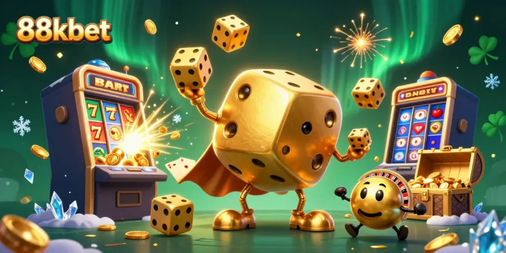 Engage with thrilling games at 88kbet, featuring a vibrant casino scene with golden dice and jackpot excitement.