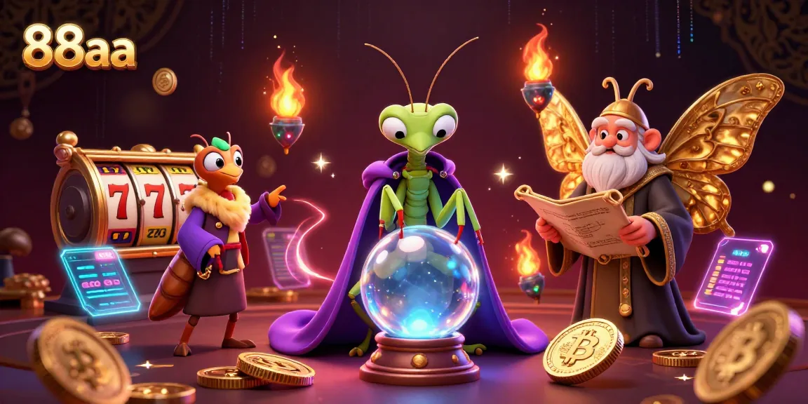 Visualize 88aa's lively casino scene with a praying mantis fortune teller and colorful slot game elements.