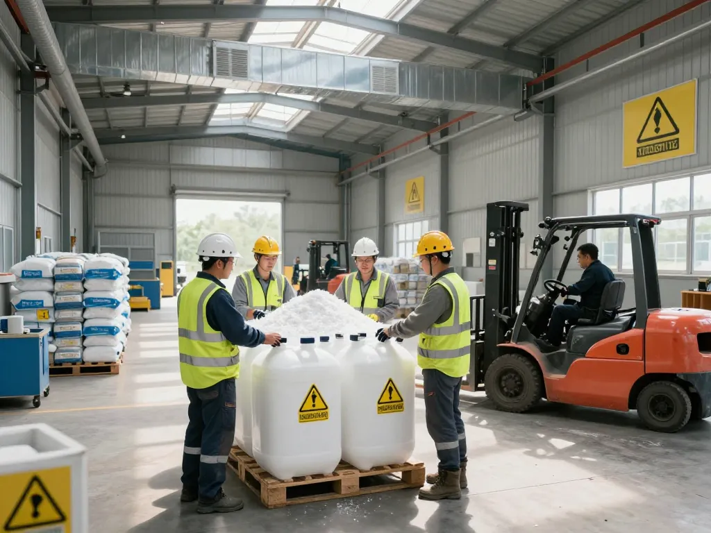 Granulated sulfur supplier's warehouse scene showing team members inspecting products for quality control.