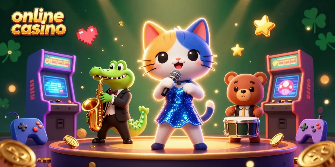 Join the excitement at this online casino, featuring a jazz-singer cat, saxophone croc, and drum bear surrounded by gaming fun.