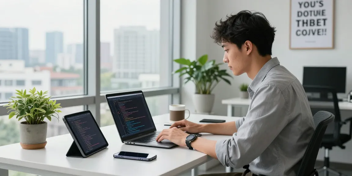 Dynamic workspace showing a young professional working on the WPS Official Website, coding seamlessly across devices in a bright office setting.