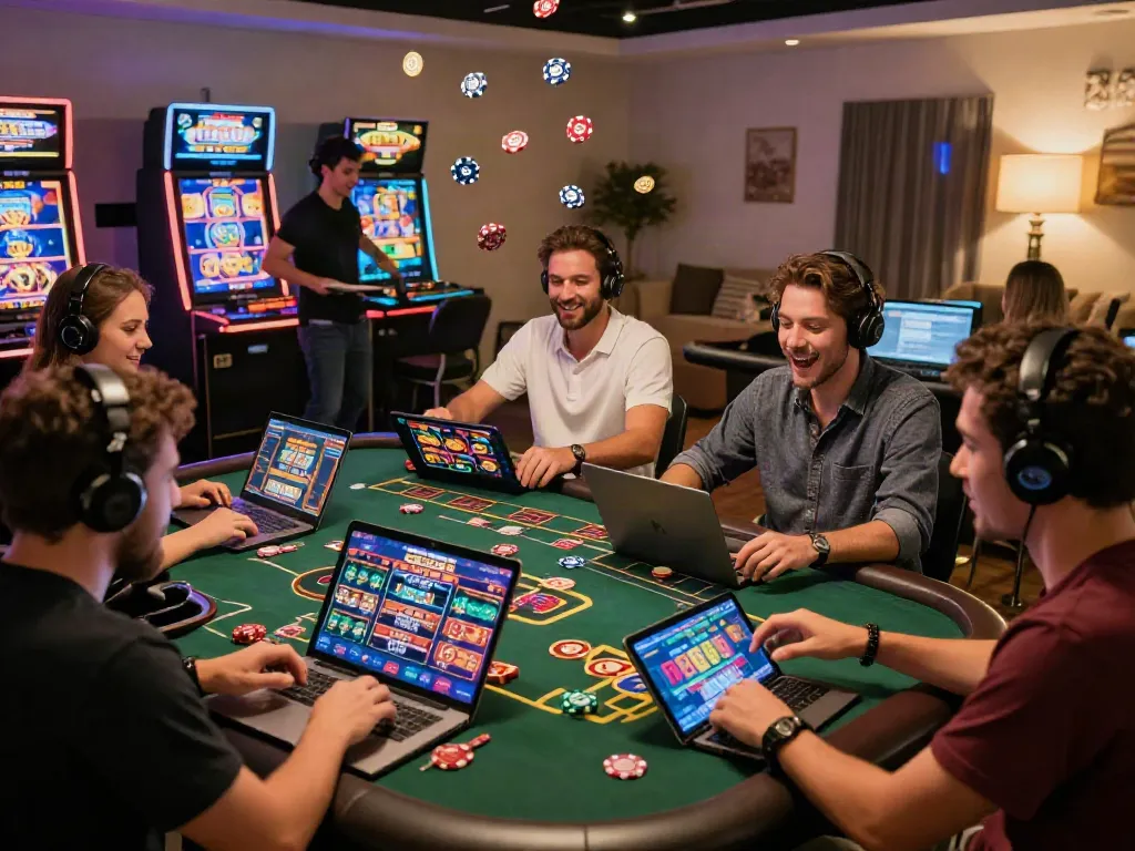 Players enjoying Casinos Sans depots with laptops and tablets in a lively gaming atmosphere.