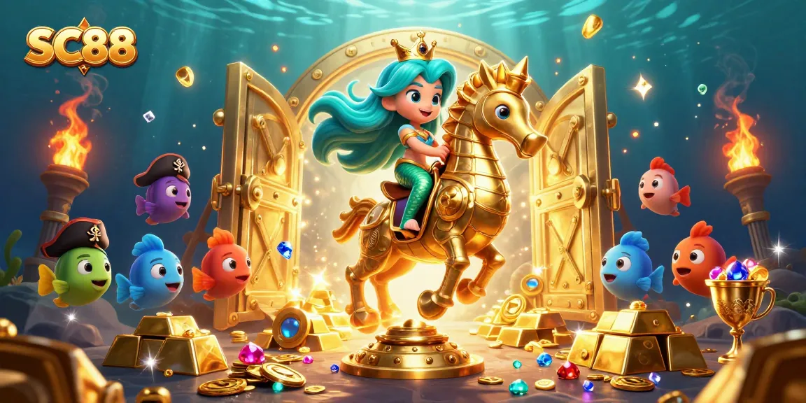 SC88's exciting casino adventure featuring a mermaid princess and treasure amidst vibrant gaming elements.
