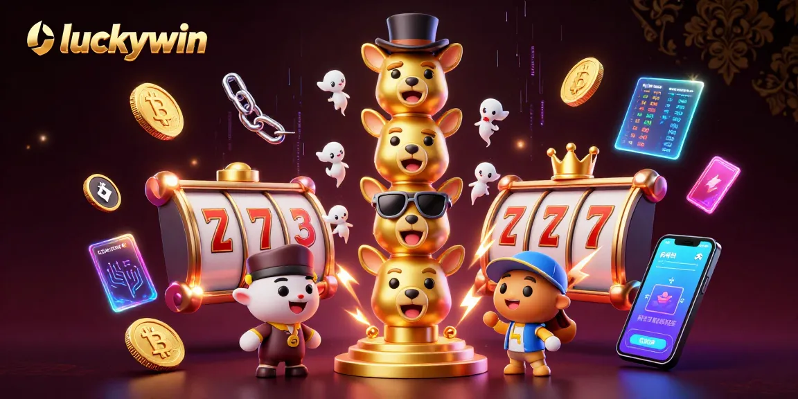 Engage in thrilling play at Luckywin with vibrant slot reels and crypto-themed elements in an energetic casino scene