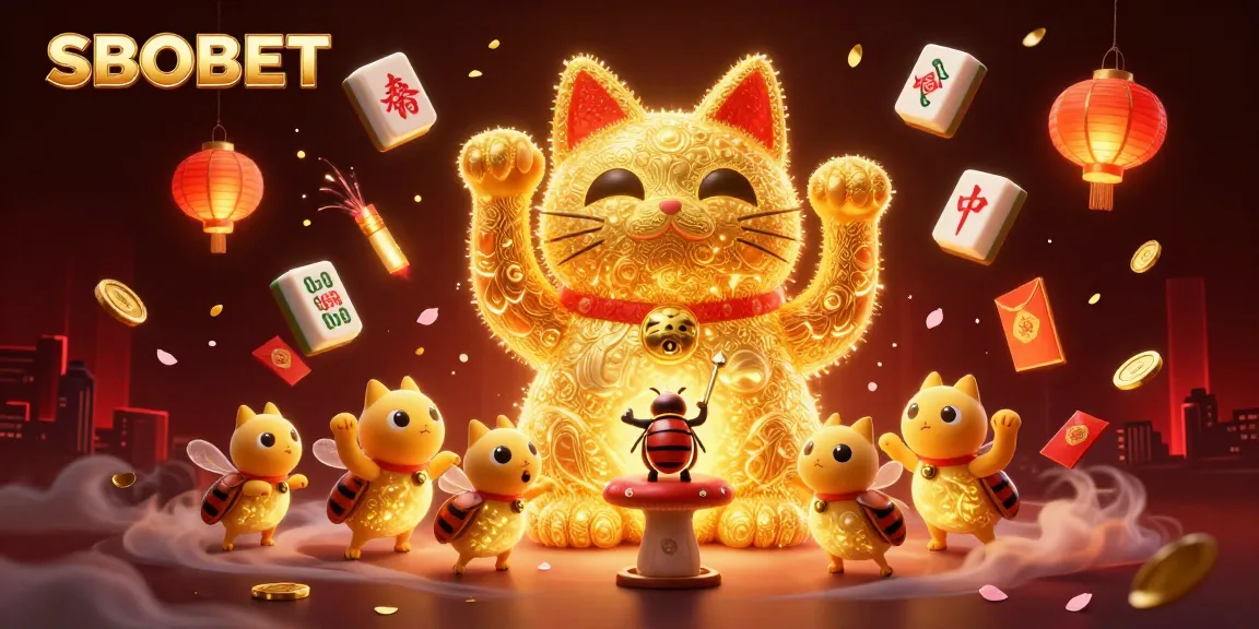 SBOBET captures excitement with a vibrant lucky cat made of fireflies, igniting the casino atmosphere.