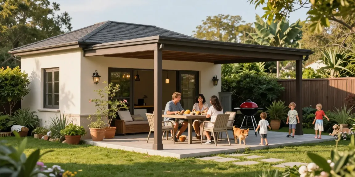 Terrassenüberdachung freistehend in einem einladenden Garten mit Familie beim Essen.