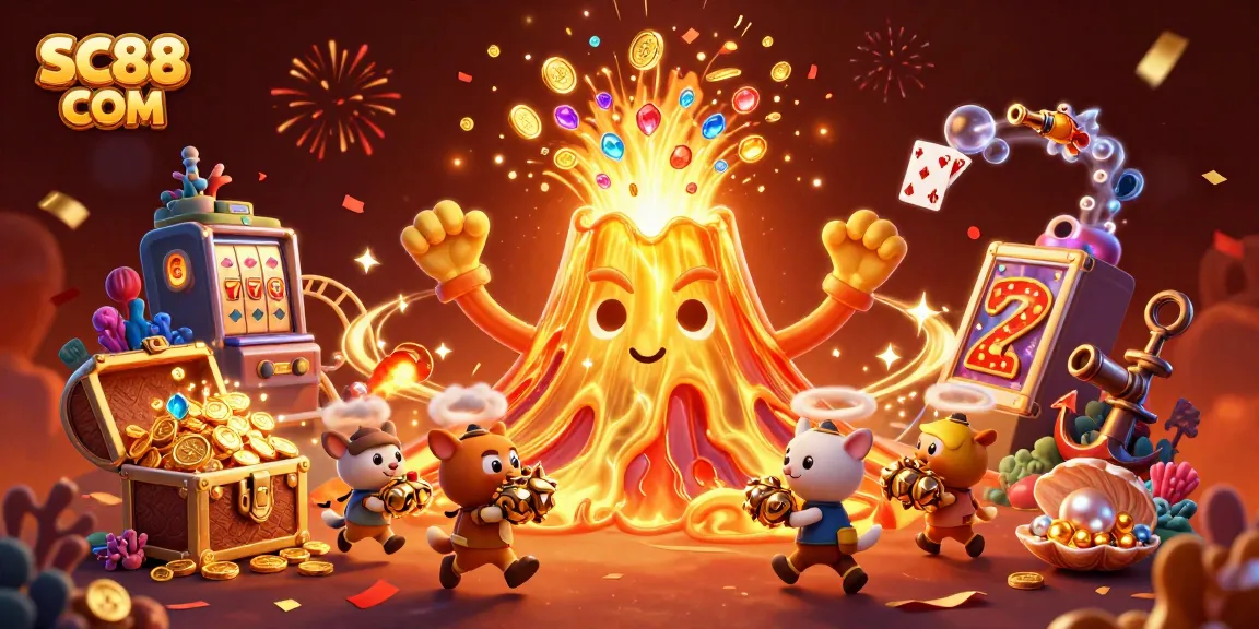 Experience thrilling wins at SC88 COM with a volcano erupting coins surrounded by treasure seekers in this rich casino scene.