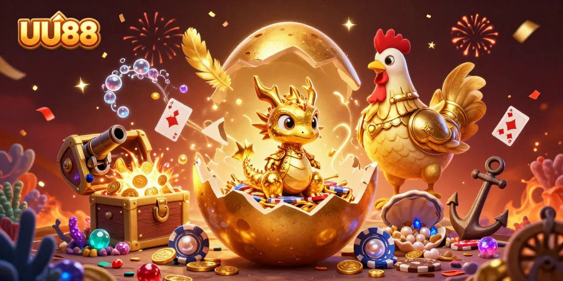 Engage with UU88's golden gaming adventure featuring a golden dragon and poker chips.