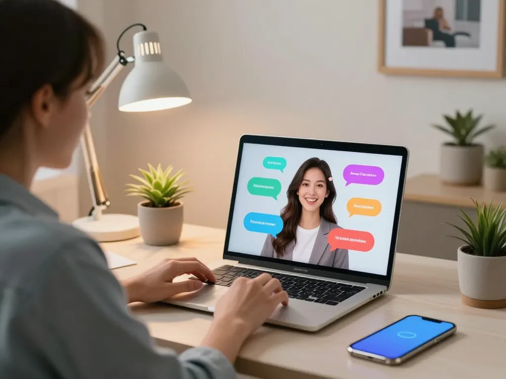 Engaging conversation with an AI gf in a cozy home office, showcasing emotional interaction.