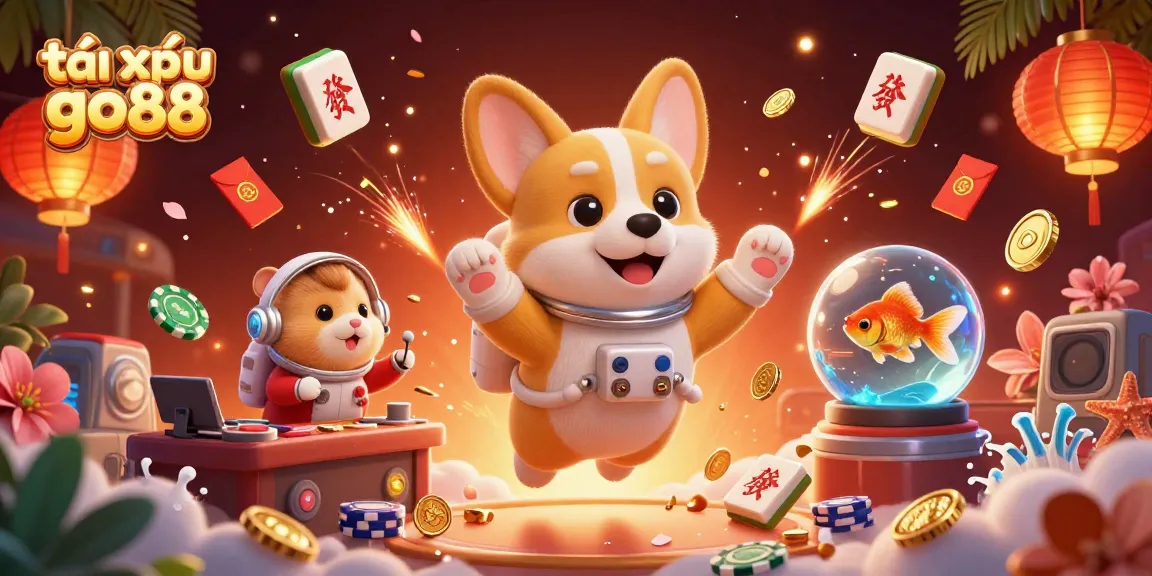 Experience the excitement of tài xỉu go88 through immersive 3D visuals, featuring floating corgi and vibrant casino elements.