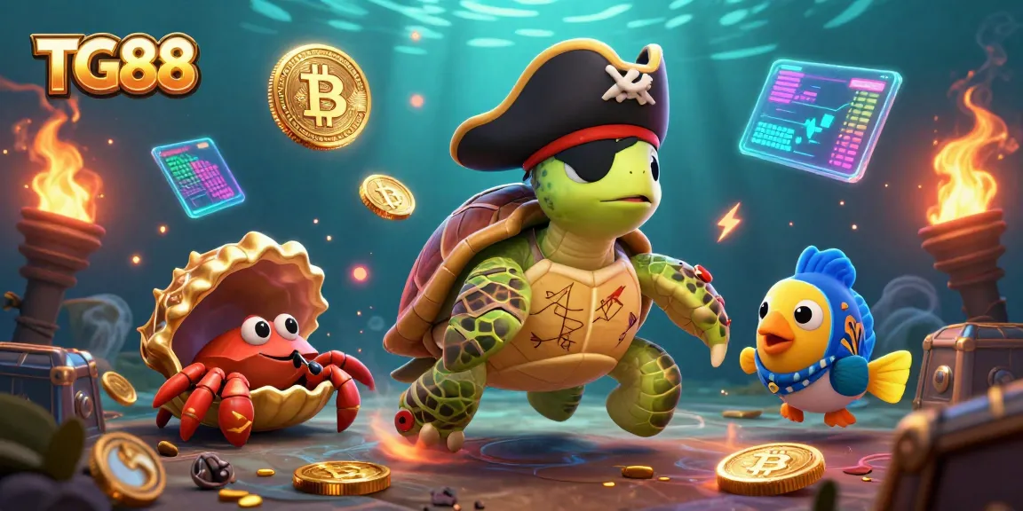 Engage with TG88's vibrant casino scene, showcasing a pirate turtle alongside crypto coins and treasure.