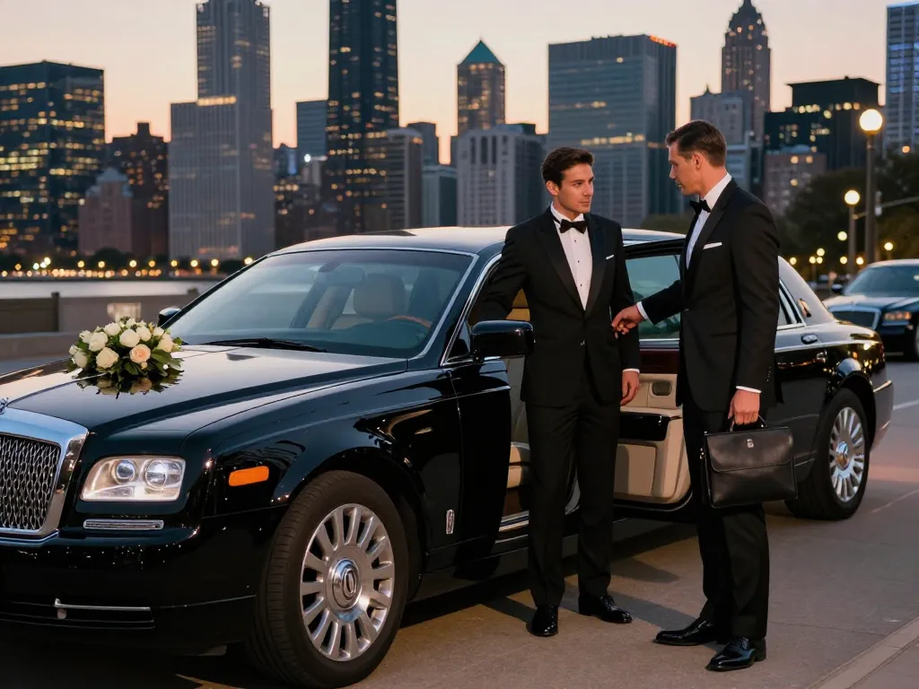 Experience premium Bolingbrook limo service with a professional chauffeur welcoming an executive in a luxurious Lincoln Continental.