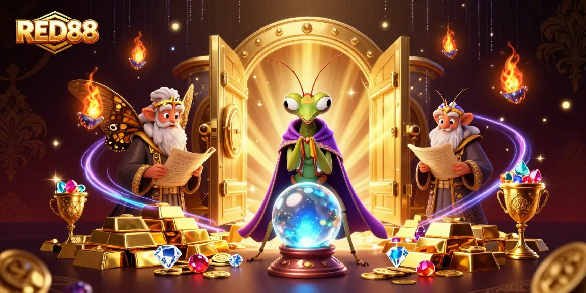 Join the fun at RED88 with a mystical fortune teller and treasure elements swirling in a vibrant casino scene.