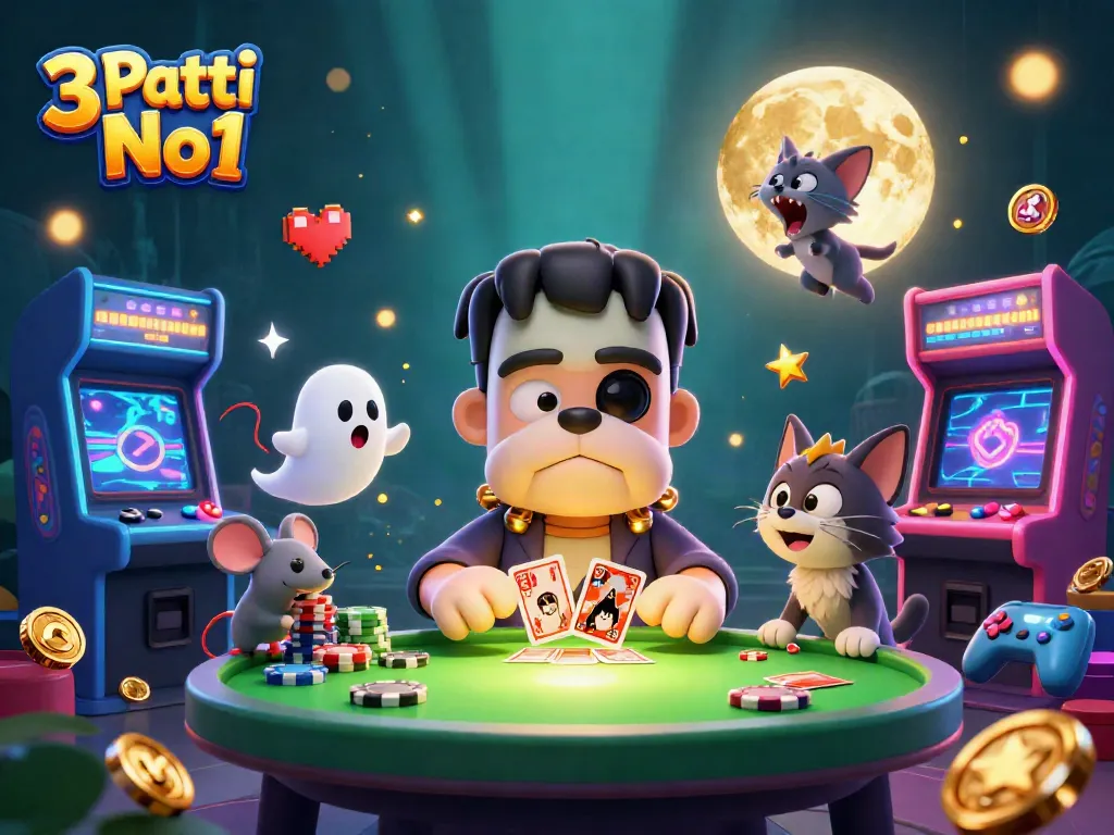 Experience thrilling gameplay in 3 Patti No1 as a quirky bulldog dealer and friends engage at a spooky table.