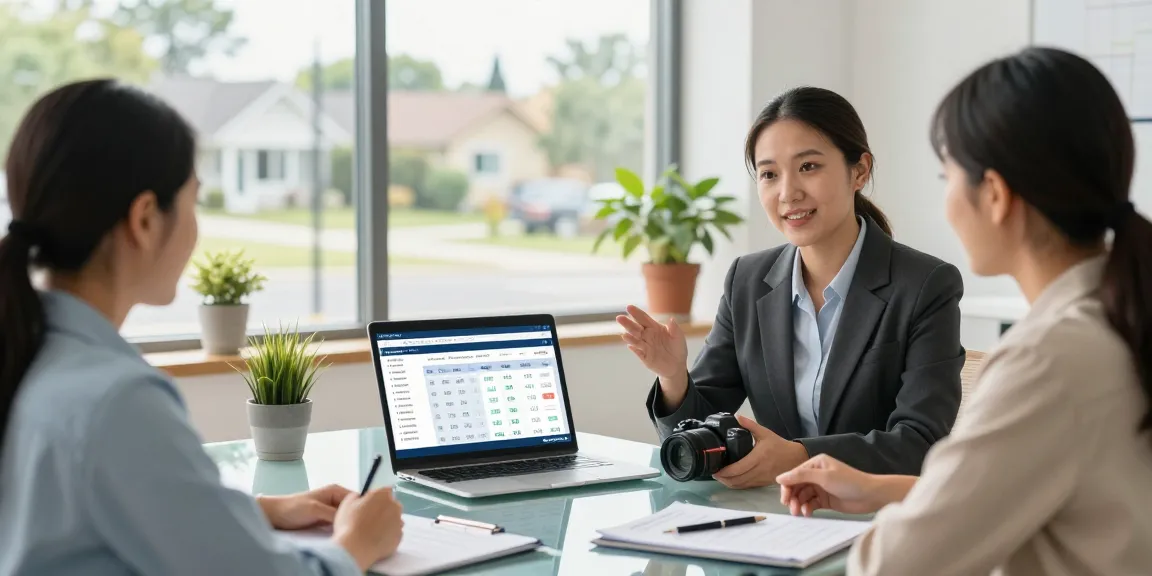Couple calculating cuota hipotecaria with financial advisor at modern office.