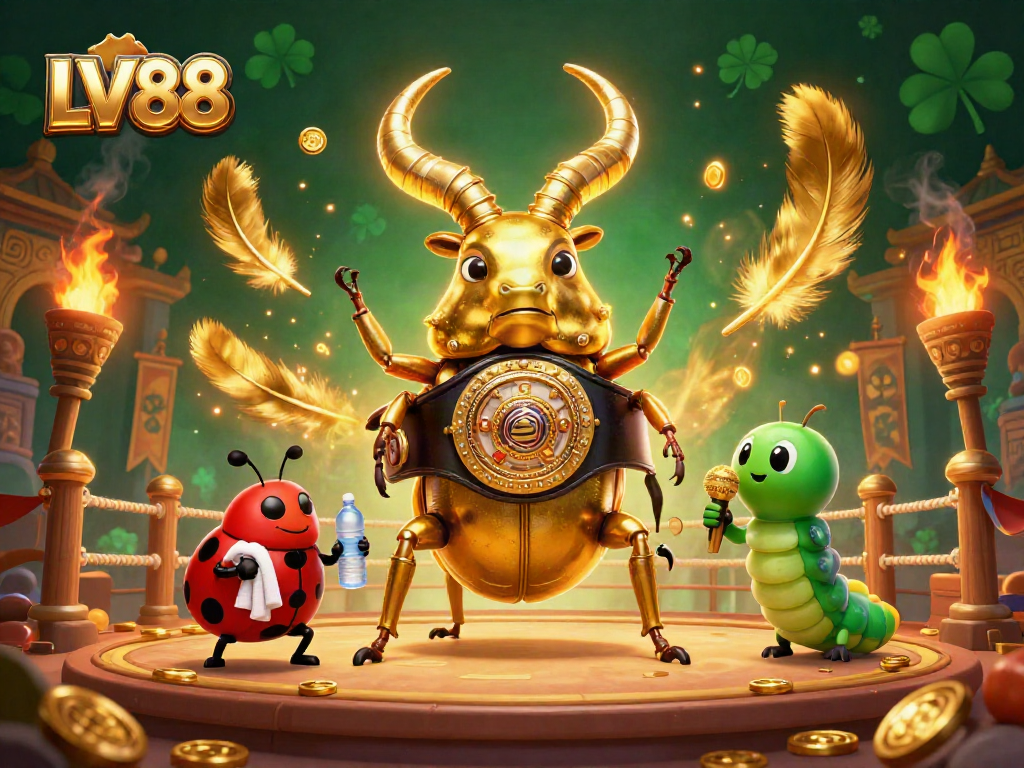 Engage with LV88's vibrant 3D casino scene showcasing a boxing beetle, ladybug corner-man, and epic elements.