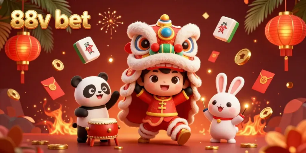 Join the excitement at 88v bet with vibrant 3D characters celebrating the Chinese New Year in a festive casino scene.