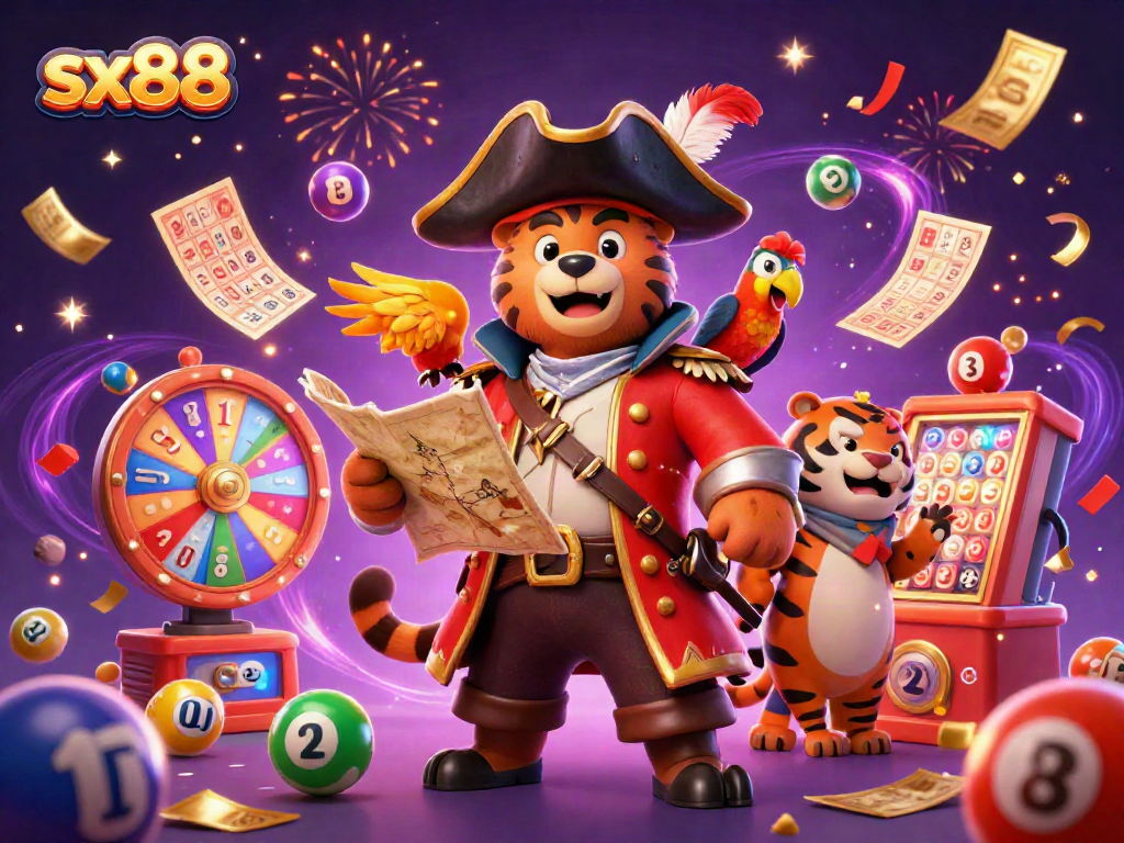 Experience the thrill of sx88 with vibrant lottery elements in a rich, cartoon pirate scene.