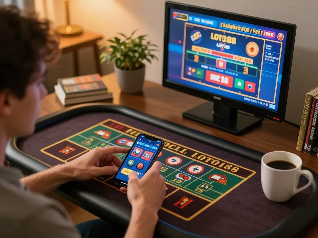 LOTO188 player betting on mobile app in a cozy home setting, showcasing smart gambling strategies.