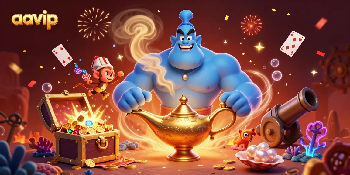 Aavip casino's vibrant 3D illustration showcases a genie, monkey, and poker chips on a magical carpet amidst treasure.