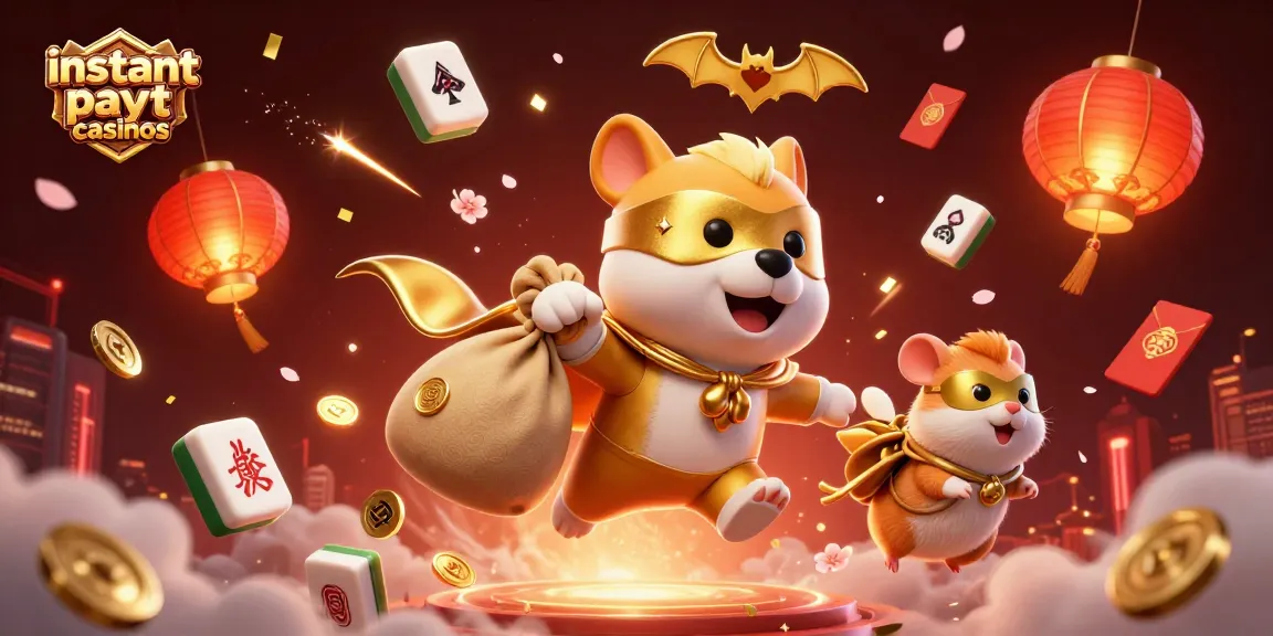 Engage with instant payout casinos featuring a superhero dog and hamster in a lively casino scene.