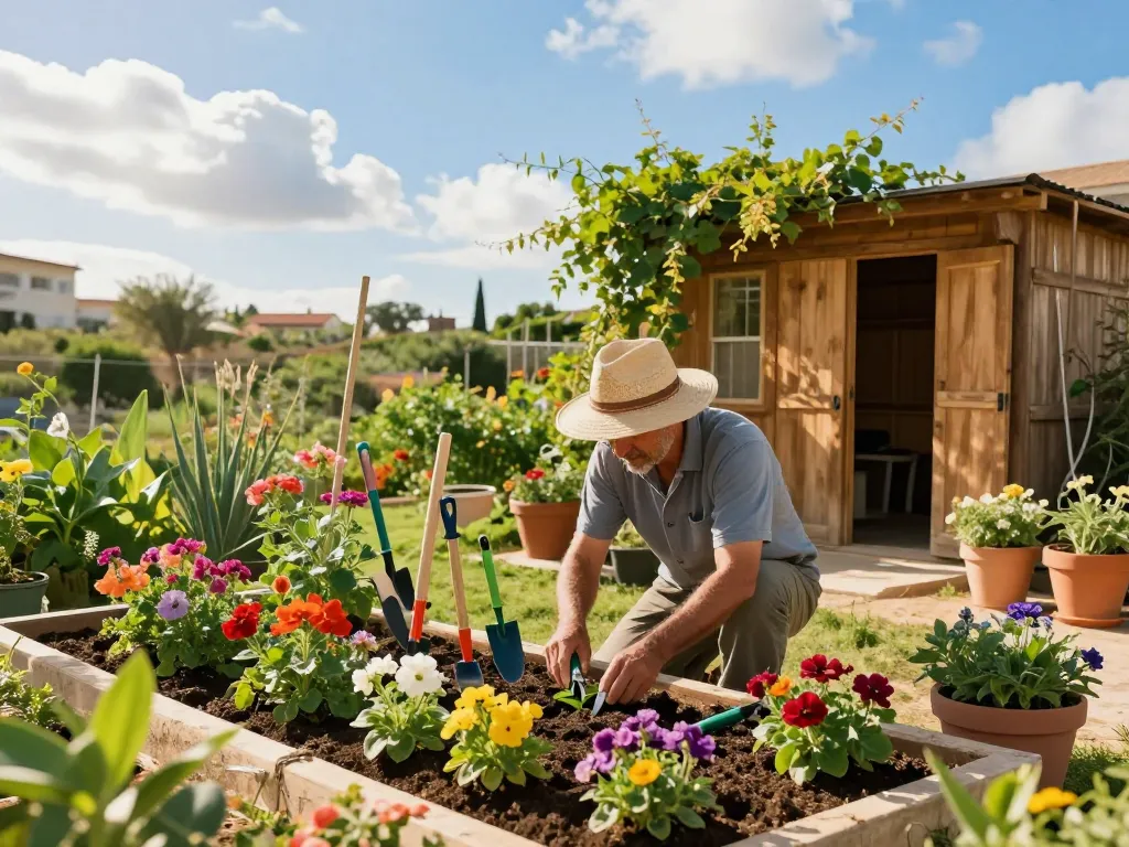 Gardening tools Cyprus displayed amidst a vibrant outdoor gardening scene with a gardener tending to colorful flower beds, showcasing essential gardening tools and lush greenery.